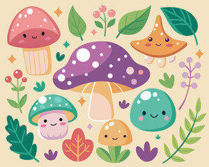 Cute Cartoon Mushrooms and Plants Vector Illustration Background Design