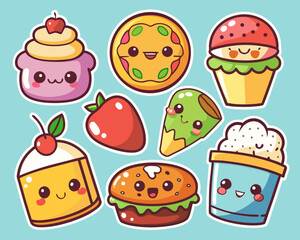 Cute Kawaii Food Stickers Set with Smiling Faces on Blue