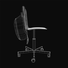 A 3D wireframe model of an office chair stands on a black background, featuring a curved backrest and padded armrests. The seat is upholstered in neutral fabric, with four wheels for mobility.
