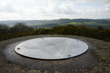 North East Derbyshire, England - March 6 2024: Hilltop Viewpoint Dial overlooking rolling green...