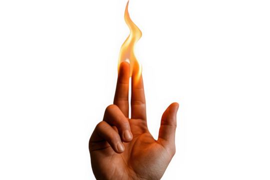 A close-up of a hand with fingers positioned to create an illusion of flame, emphasizing creativity and imagination.