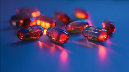 Red glowing gel capsules on blue background pharmaceutical product dramatic lighting medical supplement design concept