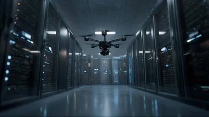 Drone flying in a data center between server racks illuminated by blue light  