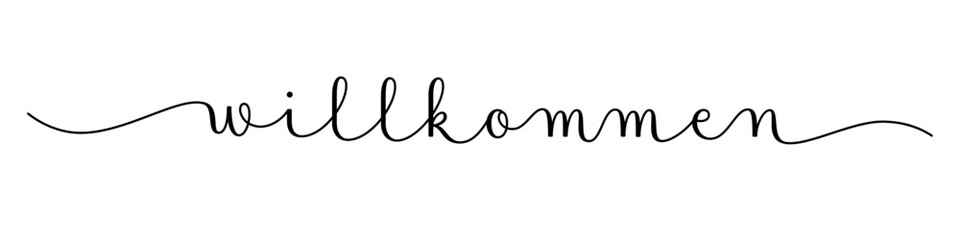 WILLKOMMEN (WELCOME in German) black vector brush calligraphy banner with swashes