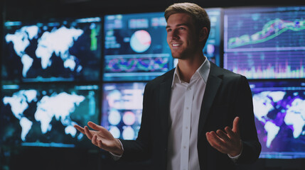 A Gen Y man wearing a suit is presenting in front of a large world map interface screen.