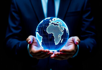 Professional in a dark suit holds a glowing holographic globe with latitude and longitude lines, featuring Europe and Africa against a black background to symbolize global connectivity.