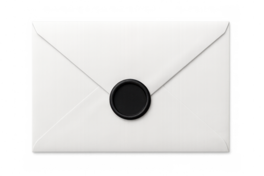 Closed white envelope sealed with black wax, isolated on transparent background, ideal for communication and security concepts