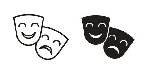 Theater masks icon vector in simple flat design, outline.