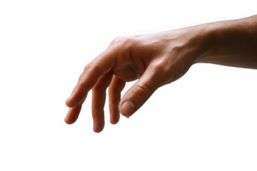 A close-up of a male hand reaching out, symbolizing connection and curiosity against a plain background.