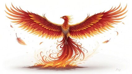 A phoenix with fiery wings spread wide against a bright white background with falling feathers