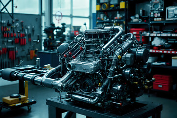 Fototapeta premium High Performance Race Car Engine Ready for Installation and Testing