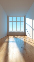 Obraz premium Empty room interior space background mock-up empty, sunlight, and shadows room walls Spacious room with a large window, bright light.