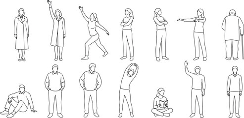 CAD Drawings. Set people outlines isolated on grey background. Sitting, walking, running. Top view. Vector illustration.