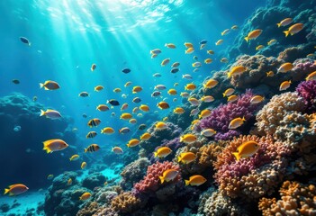 Vibrant coral reef teeming with colorful fish.