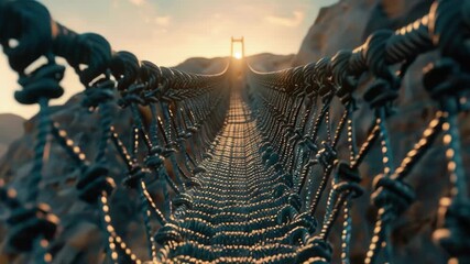 A rope bridge with a cross in the background, suitable for use as a symbol of faith or connection
