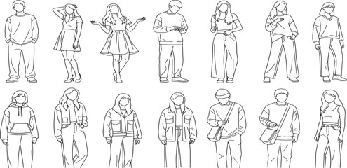 CAD Drawings. Set people outlines isolated on white background. Walking, standing etc. Vector illustration