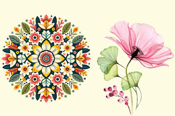 Bright Watercolor Bloom Composition with Ethereal Leaves