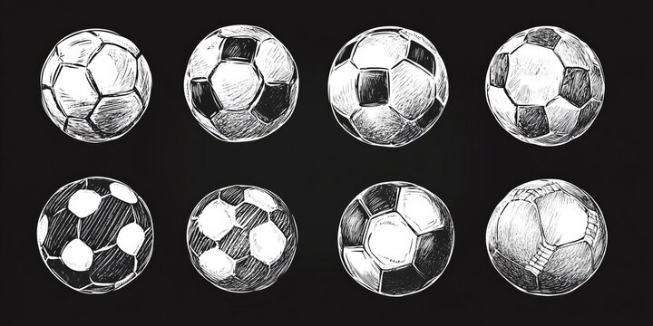 Eight detailed sketches of soccer balls arranged against a charcoal background. These meticulously drawn illustrations showcase a variety of ball designs, perfect for athletic or creative endeavors.