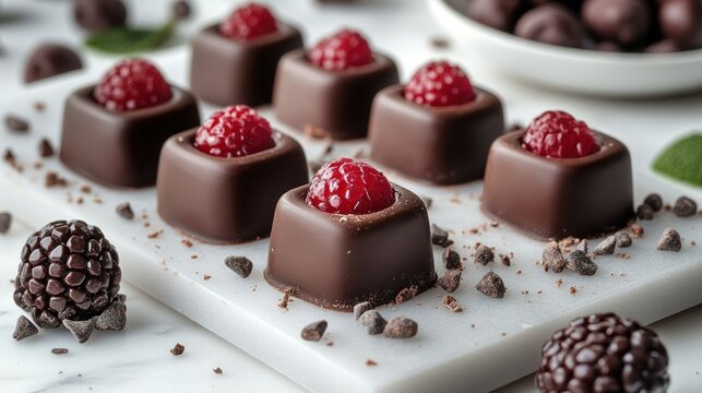 Gourmet chocolate treats with raspberries