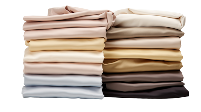 Stack of neatly folded bed sheets in neutral colors showing soft textile fabric and home linen organization isolated on white background