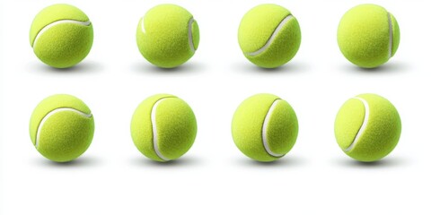 A collection of tennis balls, each perfectly round and vibrant, showcasing the texture and design of the iconic sports equipment. 