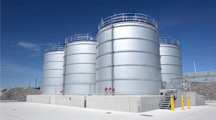 Obraz premium Large groundwater storage tanks in a municipal water treatment facility