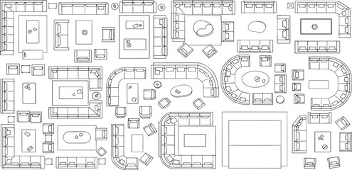 Chair outline top view. Floor plan icons set for design interior and architectural project. Furniture thin line icon in top view for layout