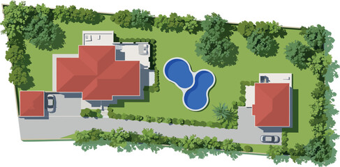  Design plan with house, courtyard, lawn and garage top view. Highly detailed plan of country with modern cottage, garden, pond, pool.