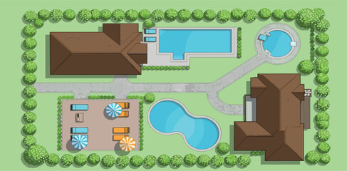 Design plan with house, courtyard, lawn and garage top view. Highly detailed plan of country with modern cottage, garden, pond, pool.