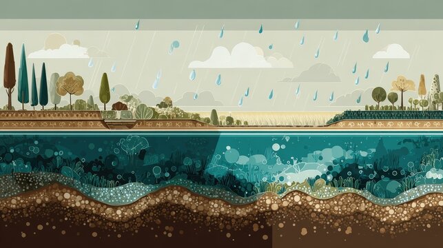 Water droplets falling through soil layers into a polluted aquifer shown in a cross-section illustration