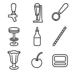 Classic Soda Fountain Icons. Line style icons of Classic Soda Fountain: soda tap handle, milkshake mixer, ice cream scoop, swivel