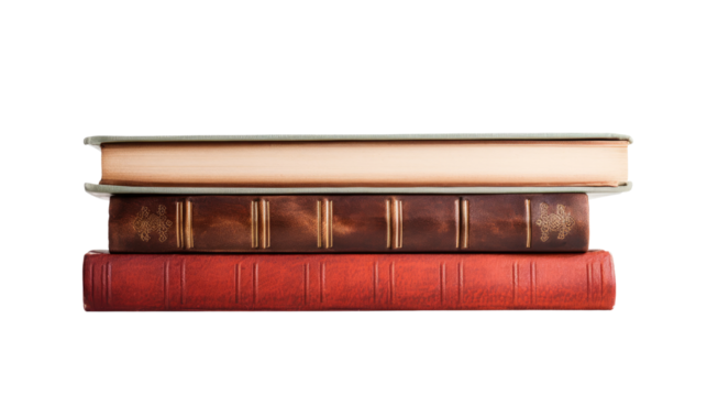 Three hardcover books stacked on top of each other with colorful covers and visible spines in neat vertical arrangement isolated on white background