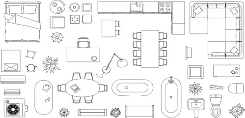 Furniture outline top view. Floor plan icons set for design interior and architectural project. Furniture thin line icon in top view for layout