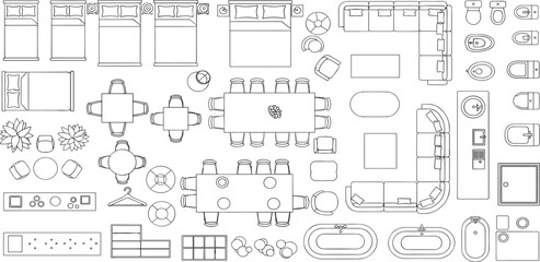 Furniture outline top view. Floor plan icons set for design interior and architectural project. Furniture thin line icon in top view for layout.