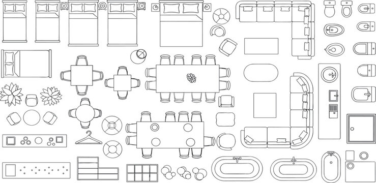 Furniture outline top view. Floor plan icons set for design interior and architectural project. Furniture thin line icon in top view for layout.
