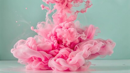 A vibrant explosion of rich pink ink diffusing powerfully in water, creating dense, smoke-like plumes against a serene mint green background