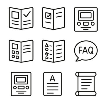 Rulebook Icon Set. Line style icons of Rulebook & Setup Aids: rulebook booklet, quickstart guide, setup diagram, components list,