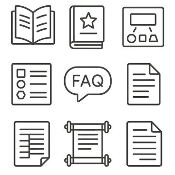 Rulebook Icon Set. Line style icons of Rulebook & Setup Aids: rulebook booklet, quickstart guide, setup diagram, components list,