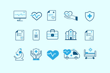 Solid line medical icon set with hospital, medical equipment, medicine and healthcare. 