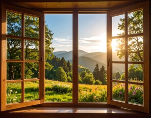 Wooden window, mountain sunset view