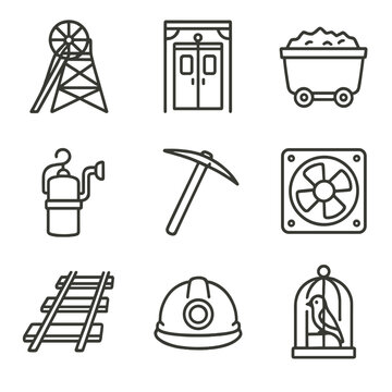 Coal Mining Icons. Line style icons of Coal Mining Operations: pithead winding gear, mine shaft cage, coal cart, carbide lamp,