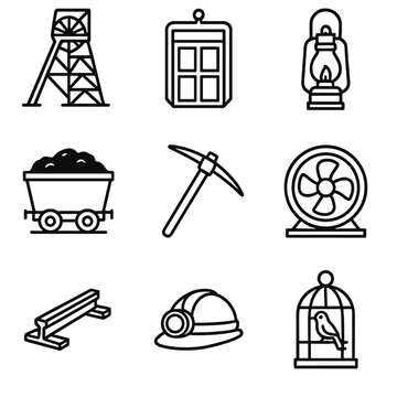 Coal Mining Icons. Line style icons of Coal Mining Operations: pithead winding gear, mine shaft cage, coal cart, carbide lamp,