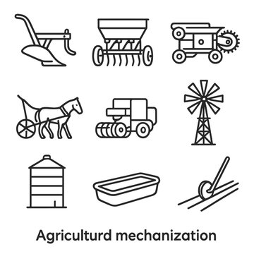 Agricultural Icon Line Art. Line style icons of Agricultural Mechanization: steel plow, seed drill hopper, threshing machine,