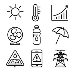Heatwave Alert Icons. Line style icons of Heatwave Alert: blazing sun icon, temperature record bar, heat index chart, cooling fan,