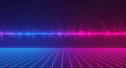 A retro-futuristic digital landscape with a glowing neon grid and a vibrant audio waveform equalizer in blue and magenta.