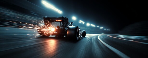 Formula one cars driving fast on a night track with motion blur. 3d rendering Fast race car speeding at night on the track.