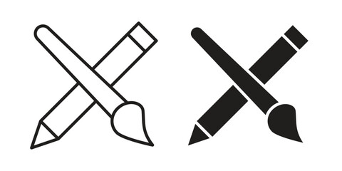 Pencil paintbrush icon vector in simple flat design, outline.