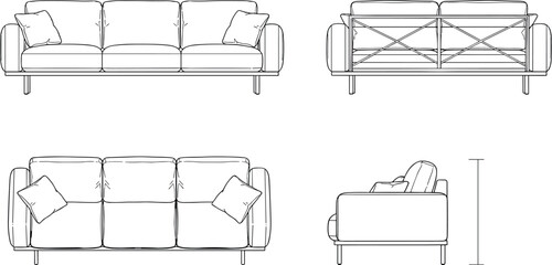 Sofa outline top, front, back, side view. Floor plan icons set for design interior and architectural project. Furniture thin line icon in top view for layout