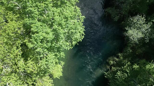 River Lerez Stream Through Wild Forest Trees Near Pedre In Cerdedo-Cotobade, Pontevedra, Galicia, Spain. Aerial Drone Shot