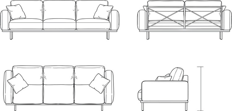 Sofa outline top, front, back, side view. Floor plan icons set for design interior and architectural project. Furniture thin line icon in top view for layout